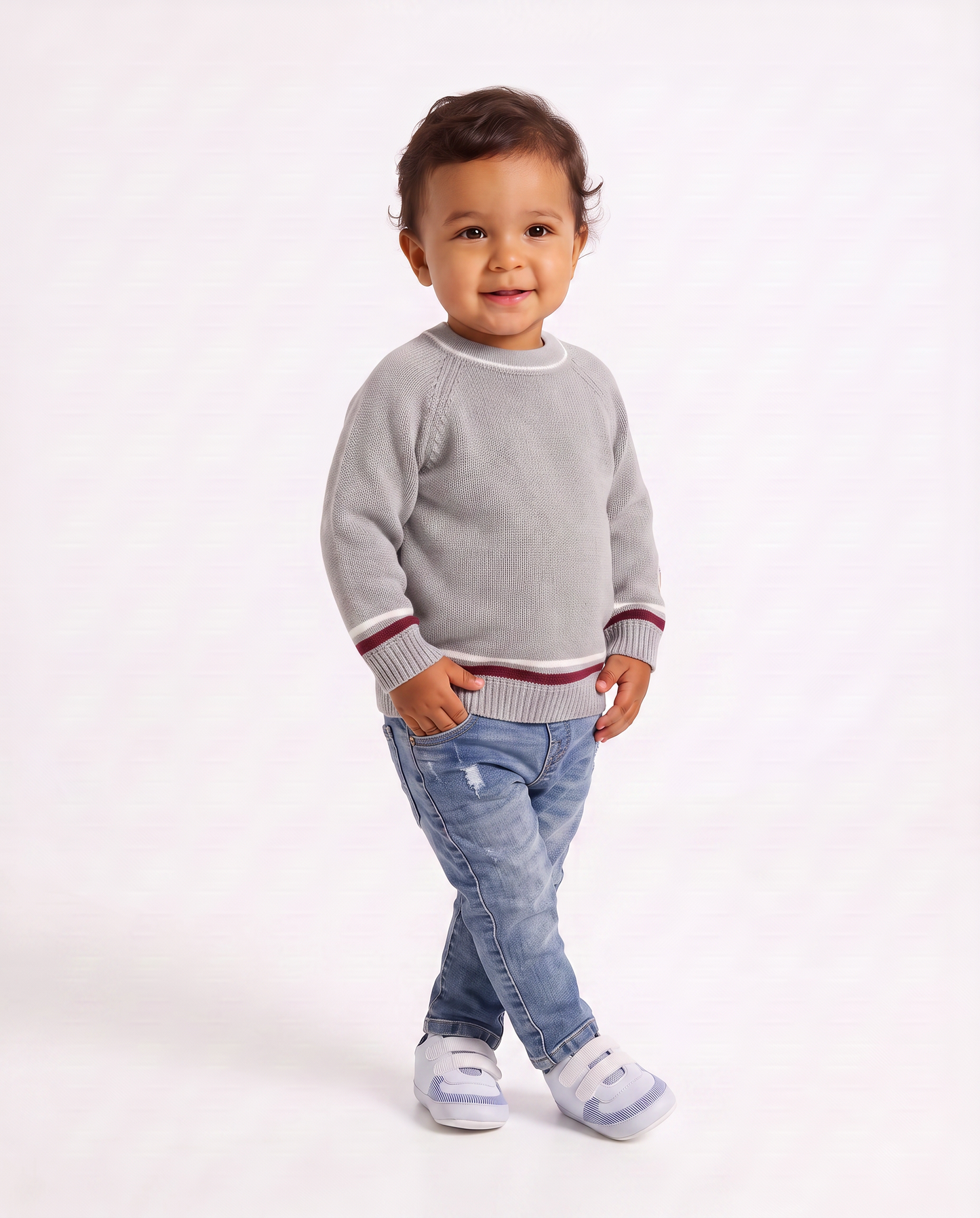 Crewneck sweater with contrasting stripes - Grey