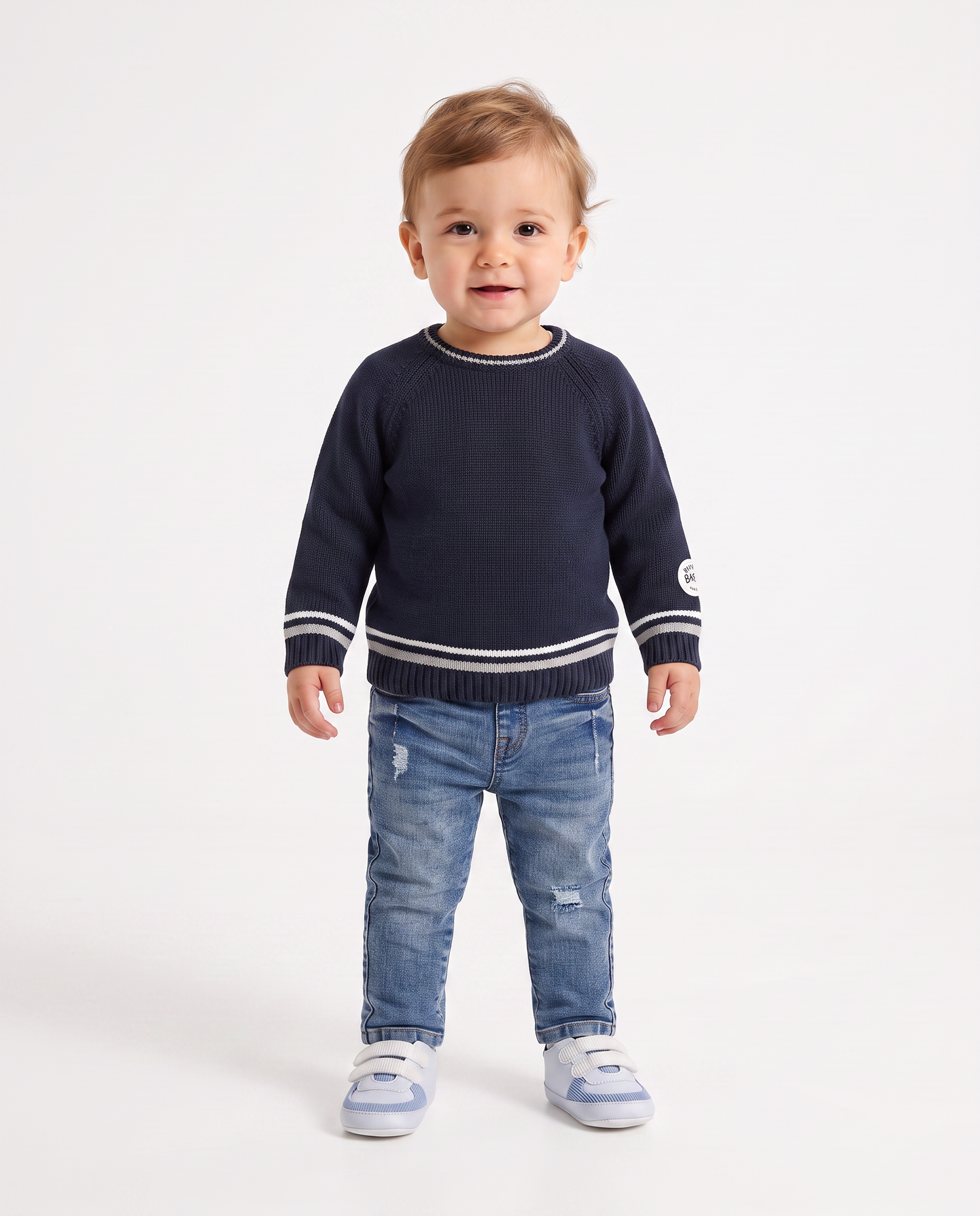 Crewneck sweater with contrasting stripes - Blue