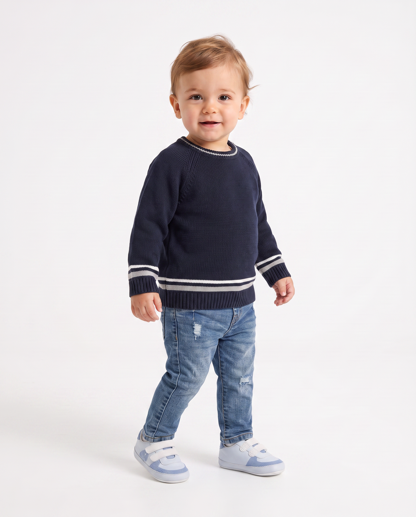 Crewneck sweater with contrasting stripes - Blue