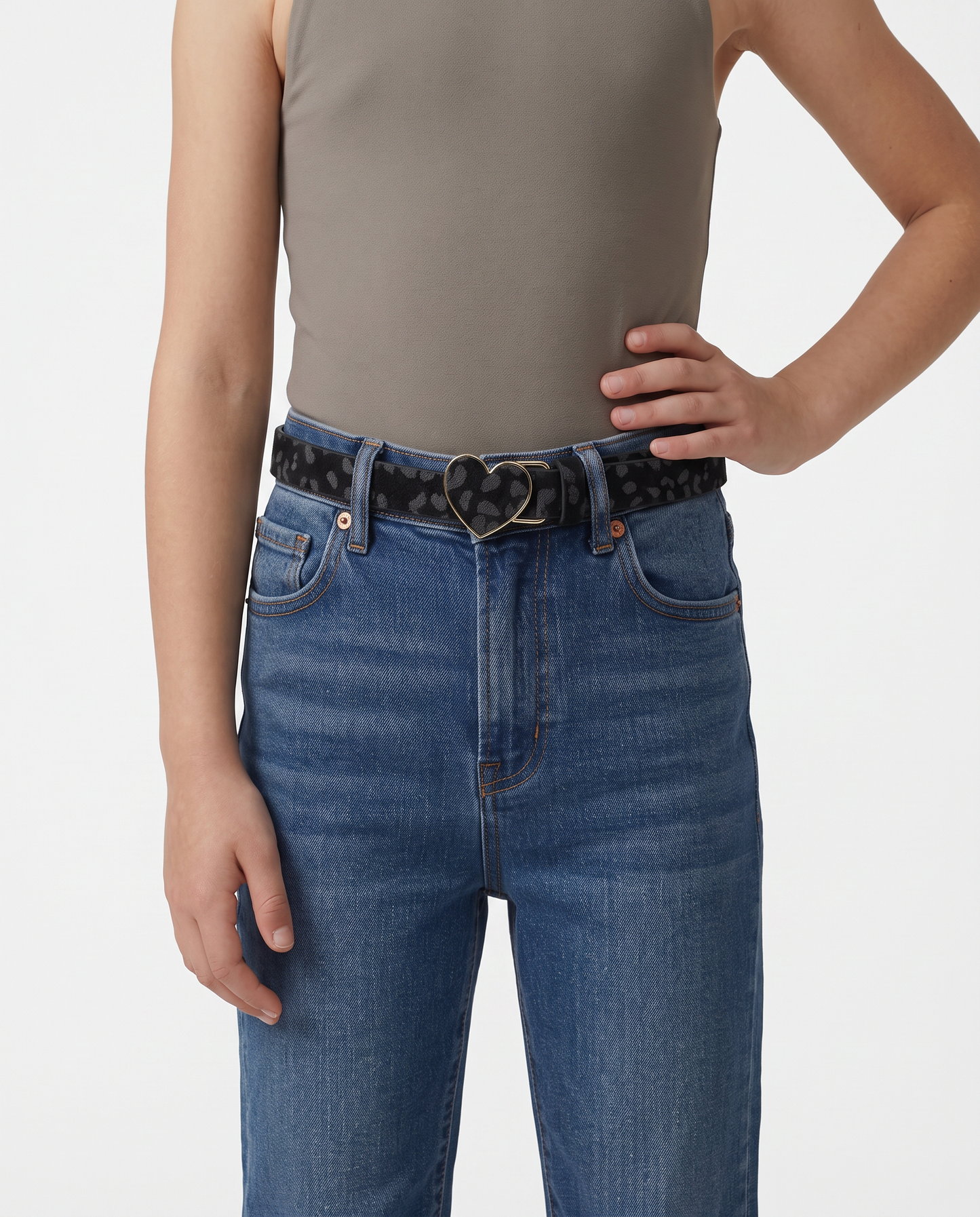 Faux pony belt with heart buckle - Black