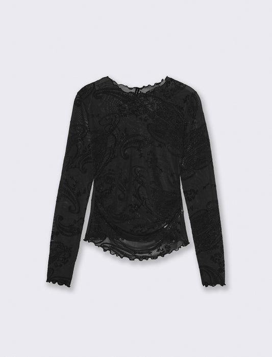 Mesh T-shirt with ruching and flock print - Black