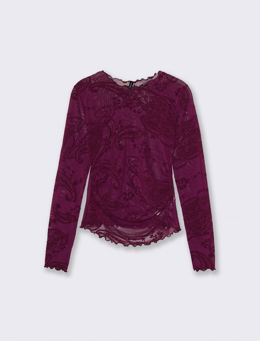 Mesh T-shirt with ruching and flock print - Purple