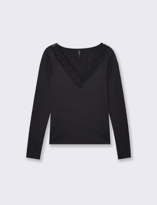 T-shirt manica lunga scollo a V - Nero