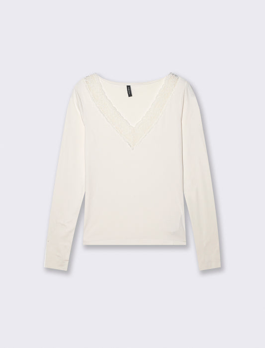T-shirt manica lunga scollo a V - Avorio
