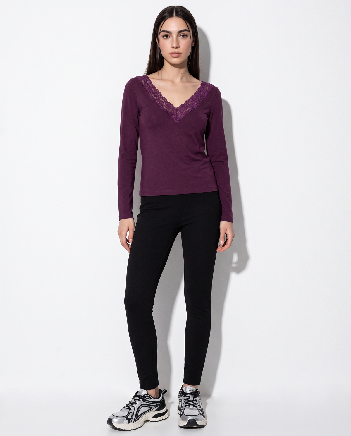 T-shirt manica lunga scollo a V - Bordeaux