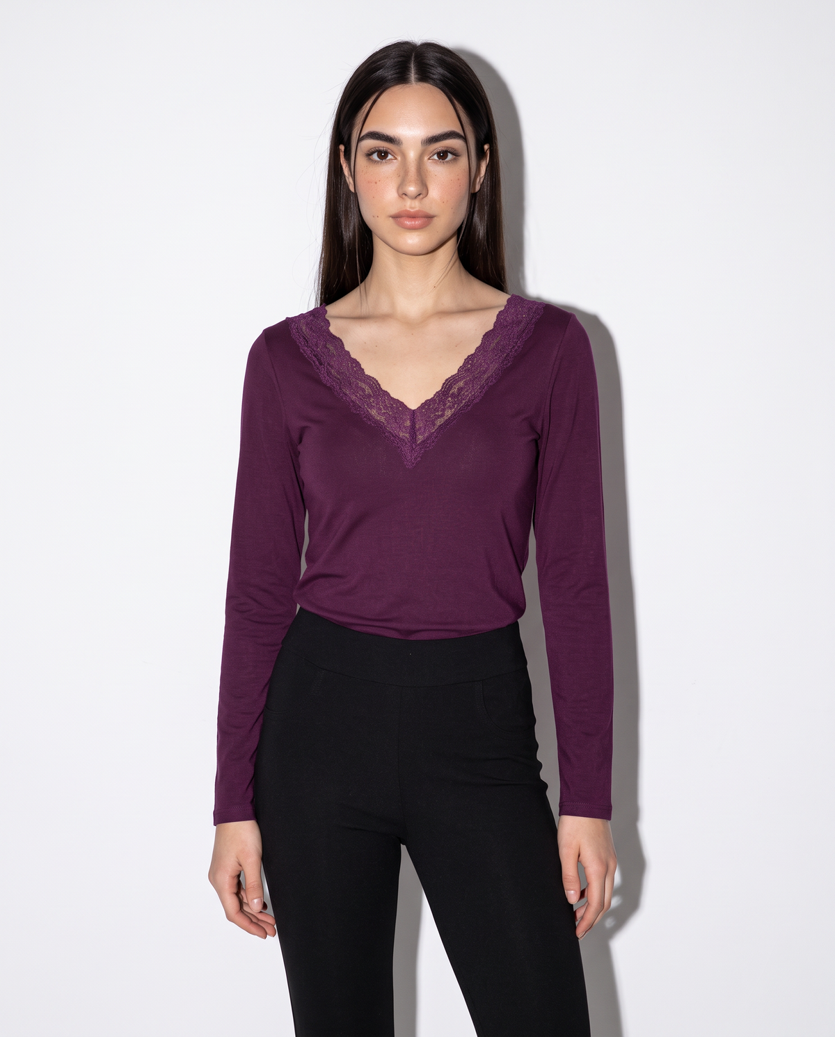 T-shirt manica lunga scollo a V - Bordeaux