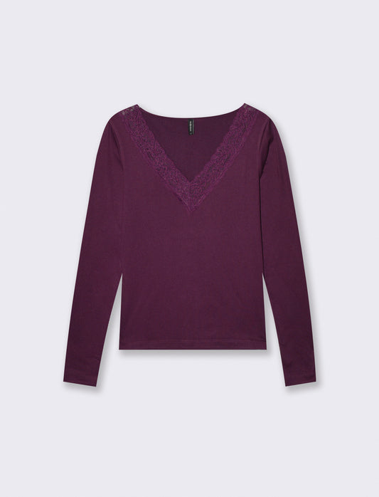 T-shirt manica lunga scollo a V - Bordeaux