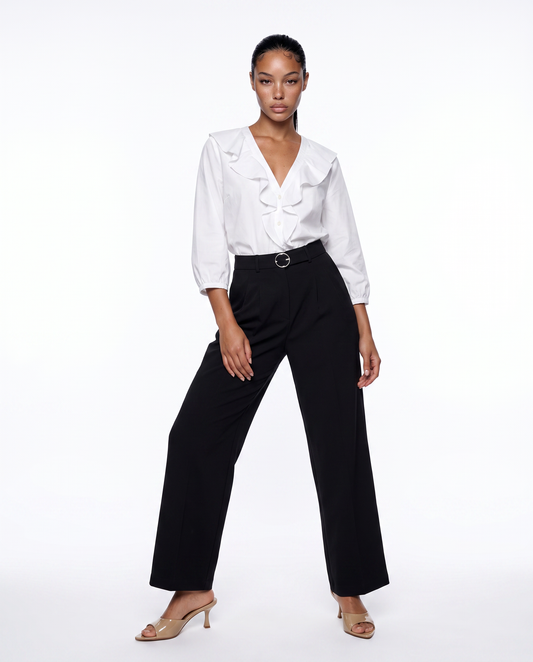 Wide leg trousers with belt and pleats - Black