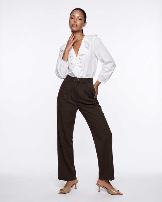 Wide leg trousers with belt and pleats - Brown