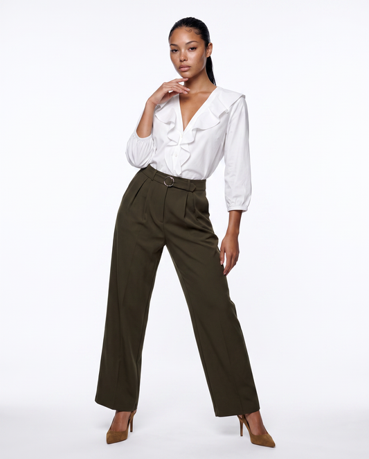 Wide leg trousers with belt and pleats - Green