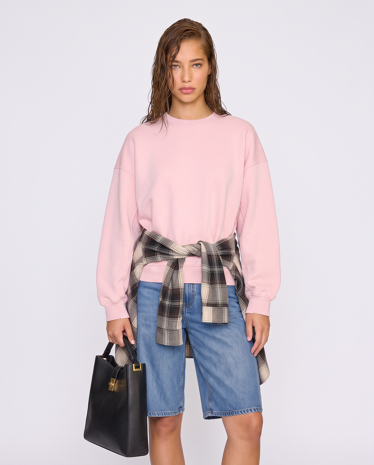 Elegant Mock Neck Oversized Crop Sweatshirt - Pink