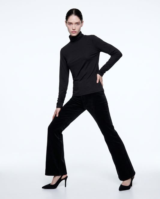 Long Sleeve Turtleneck with Ruffle - Black