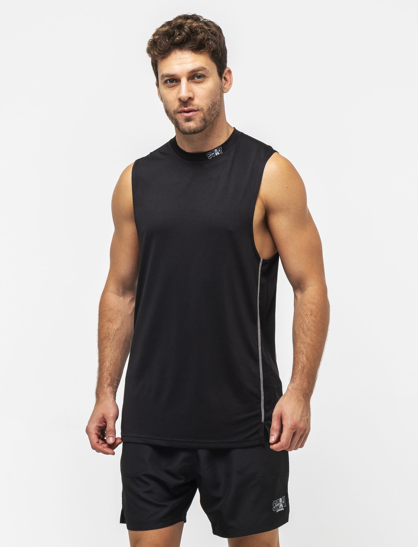 Men's Wide Fit Training Tank Top with Technical Fabric and Round Neck - Black