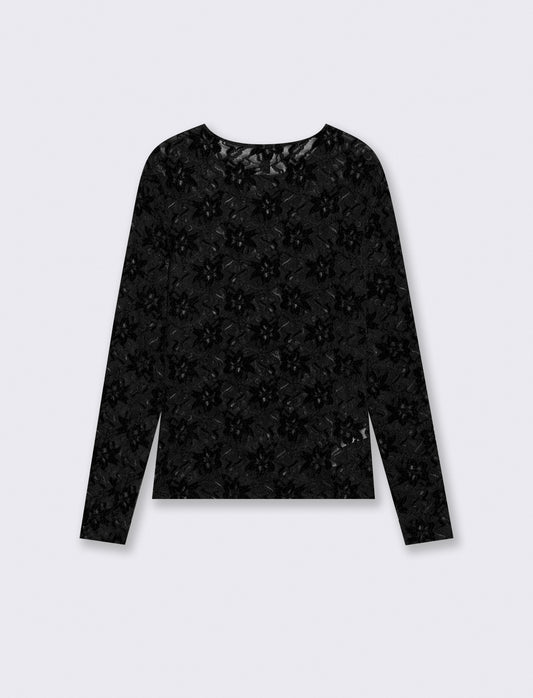 Long sleeve mesh T-shirt with print - Black