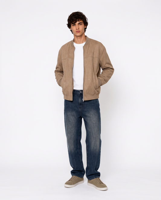 Suede Effect Bomber Jacket - Grey