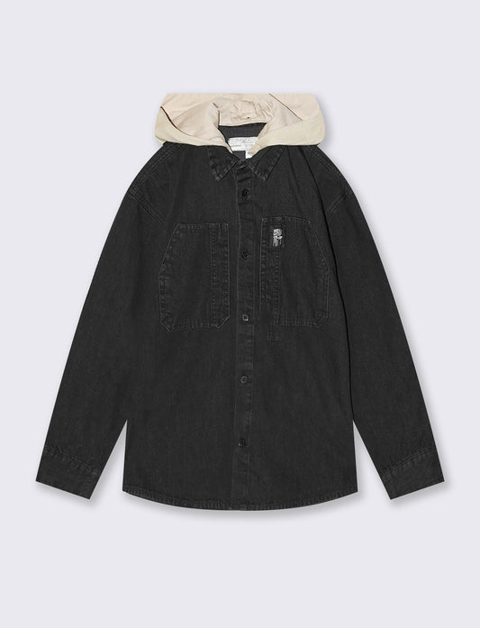 Camicia denim nera con cappuccio e tasche - Nero