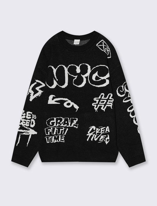 Oversized sweater with jacquard design - Black