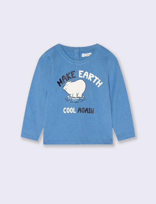 T shirt girocollo manica lunga con stampa - Blu oceano
