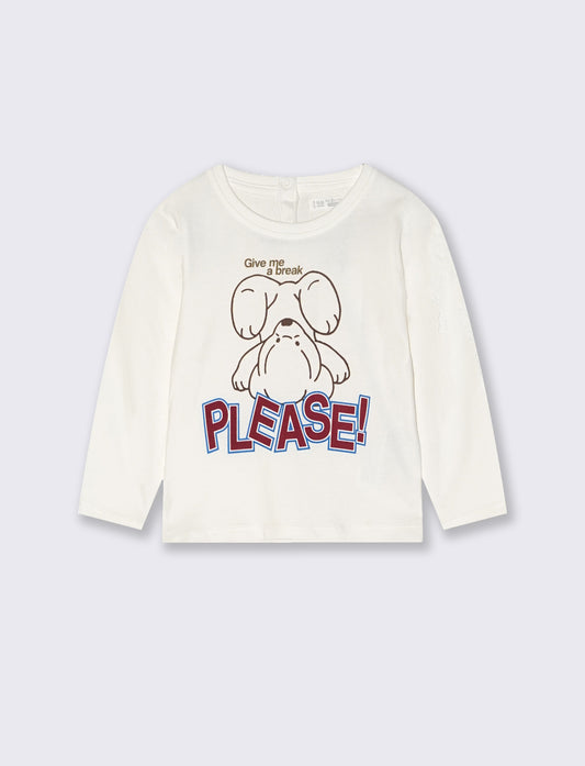T shirt girocollo manica lunga con stampa - Bianco latte