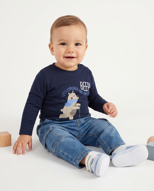 Basic long sleeve crew neck T-shirt with print - Blue