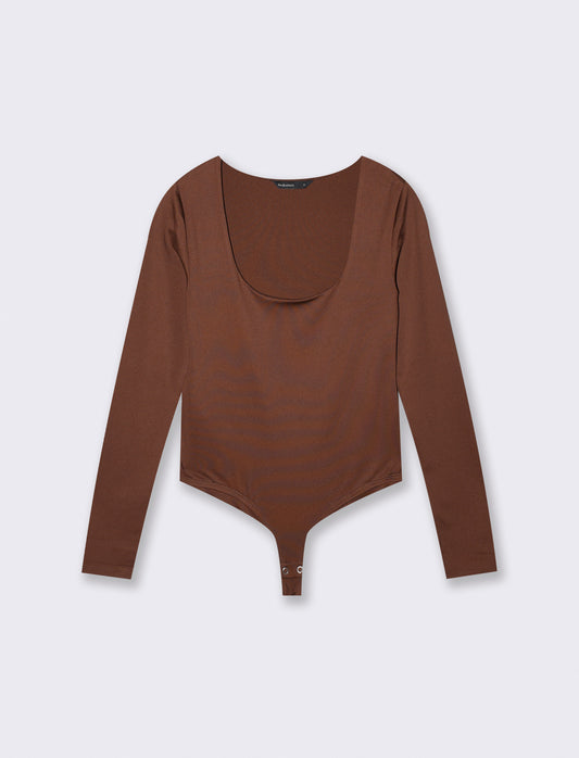 Long sleeve bodysuit with deep neckline - Brown