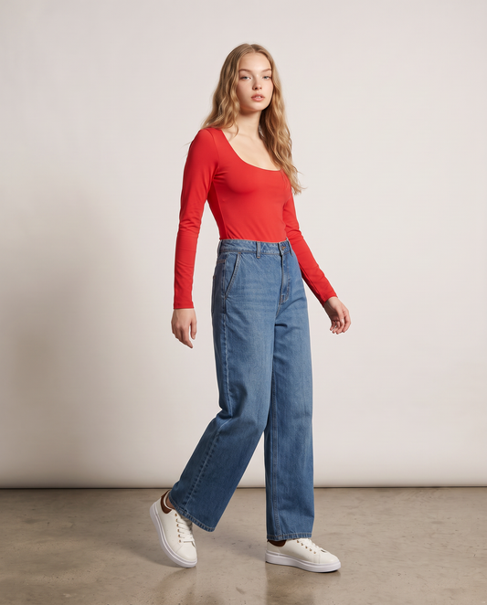 Long sleeve bodysuit with deep neckline - Red
