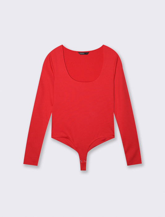 Long sleeve bodysuit with deep neckline - Red