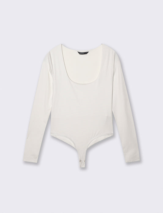 Long sleeve bodysuit with deep neckline - Beige
