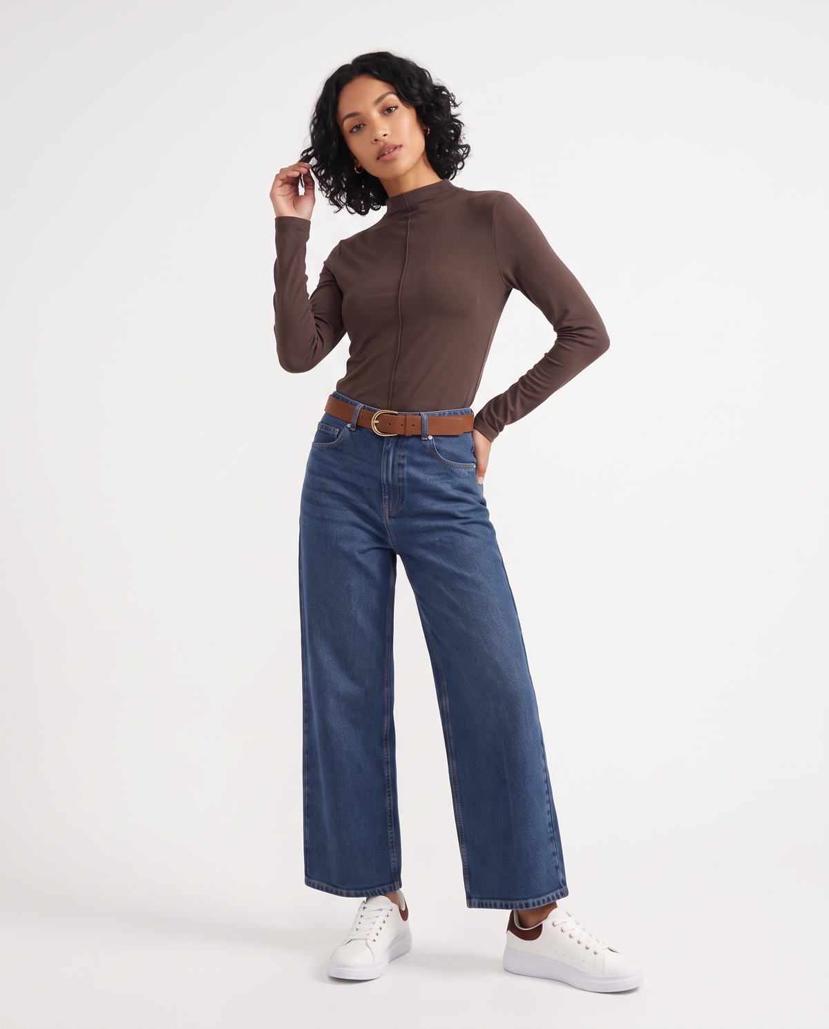 Long sleeve t-shirt with ribbed high collar - Brown