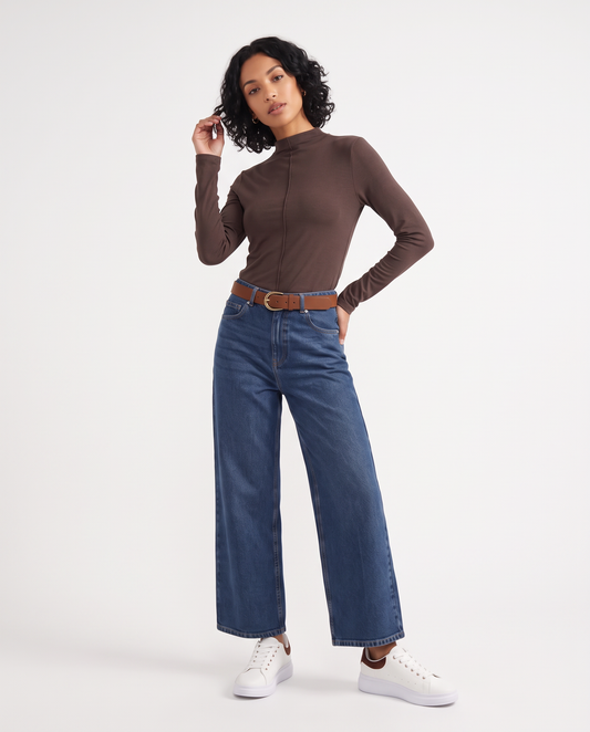 Long sleeve t-shirt with ribbed high collar - Brown