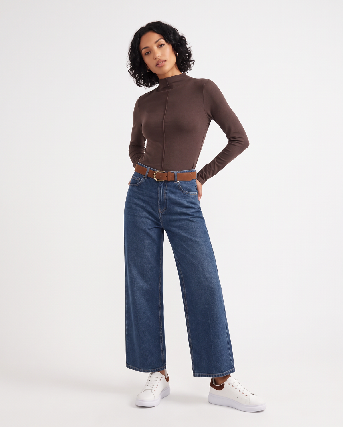 Long sleeve t-shirt with ribbed high collar - Brown