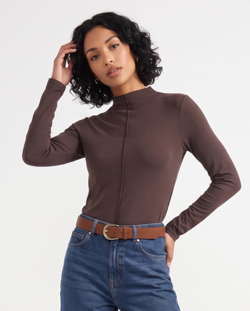 Long sleeve t-shirt with ribbed high collar - Brown