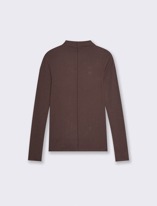 Long sleeve t-shirt with ribbed high collar - Brown