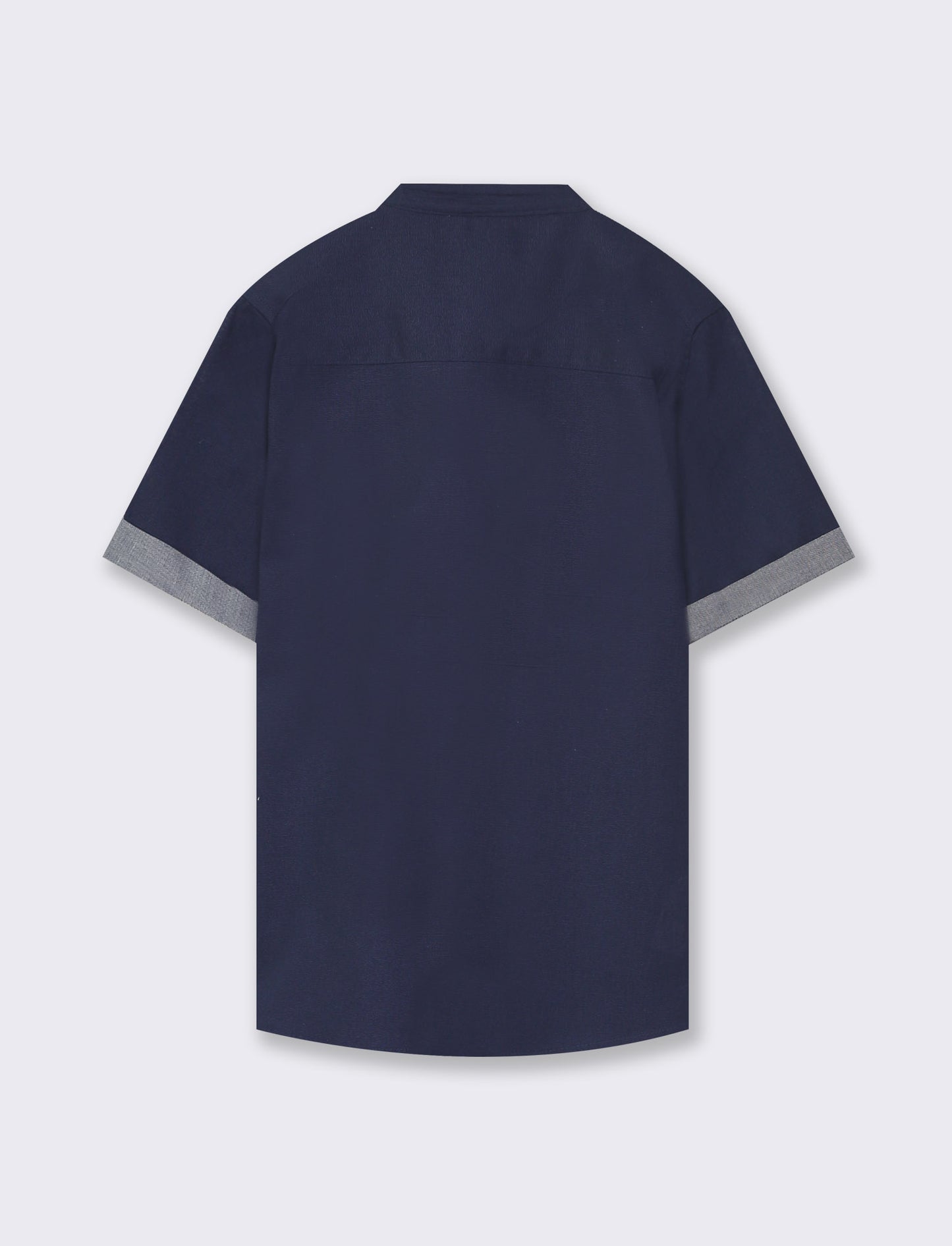 Cotton Korean Collar Shirt with Buttoned Opening and Contrast Fabric - Blue