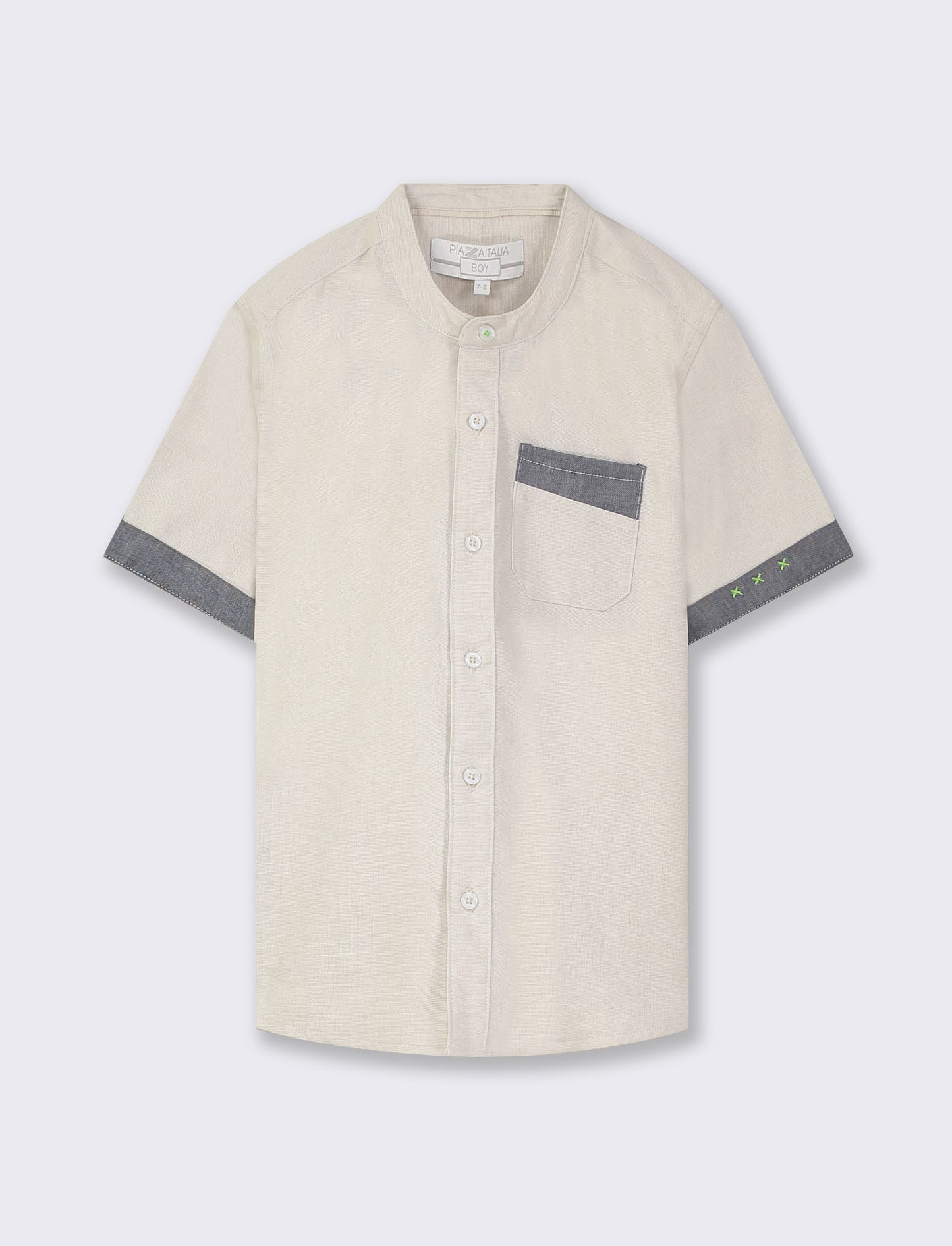 Cotton Korean Collar Shirt with Buttoned Opening and Contrast Fabric - Beige