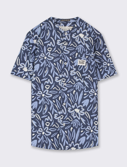 Short Sleeve Printed Pattern Front Button Shirt - Blue