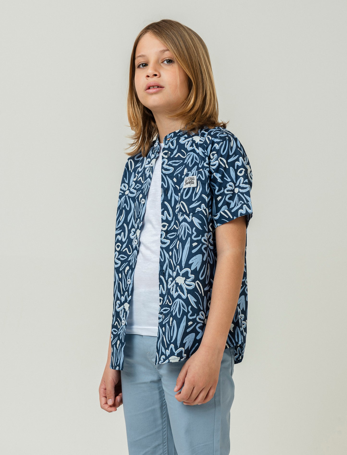 Short Sleeve Printed Pattern Front Button Shirt - Blue