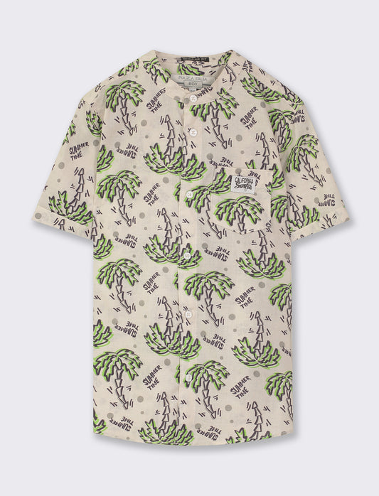 Short Sleeve Printed Pattern Front Button Shirt - Beige