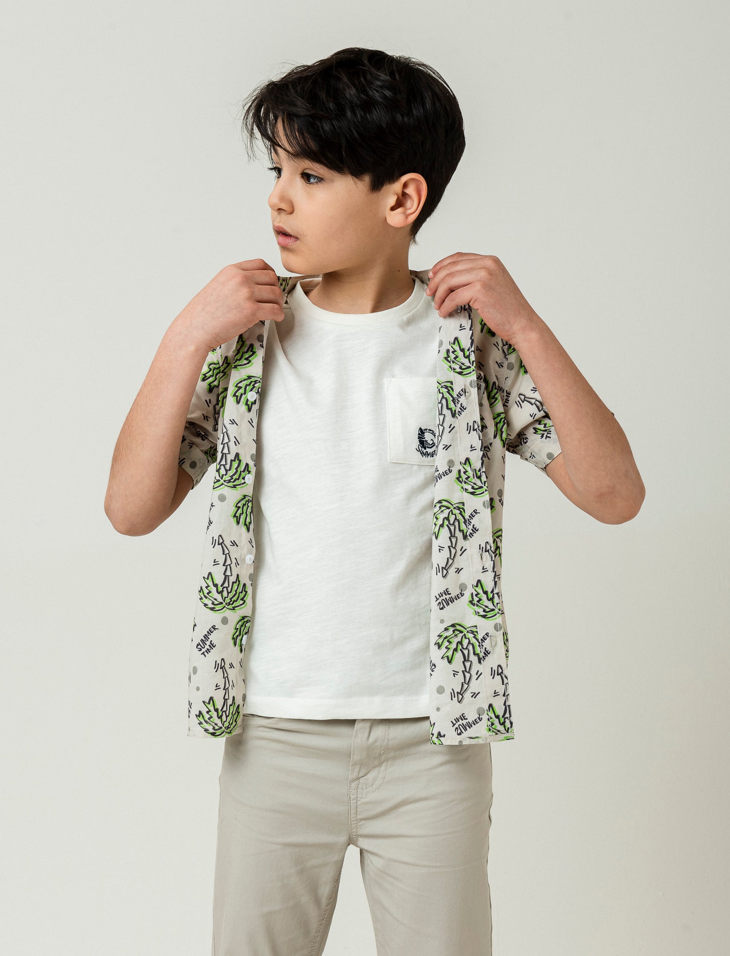 Short Sleeve Printed Pattern Front Button Shirt - Beige