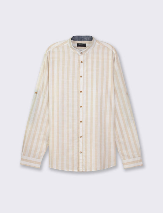 Striped Cotton Regular Fit Shirt with Korean Collar and Long Sleeves - Beige