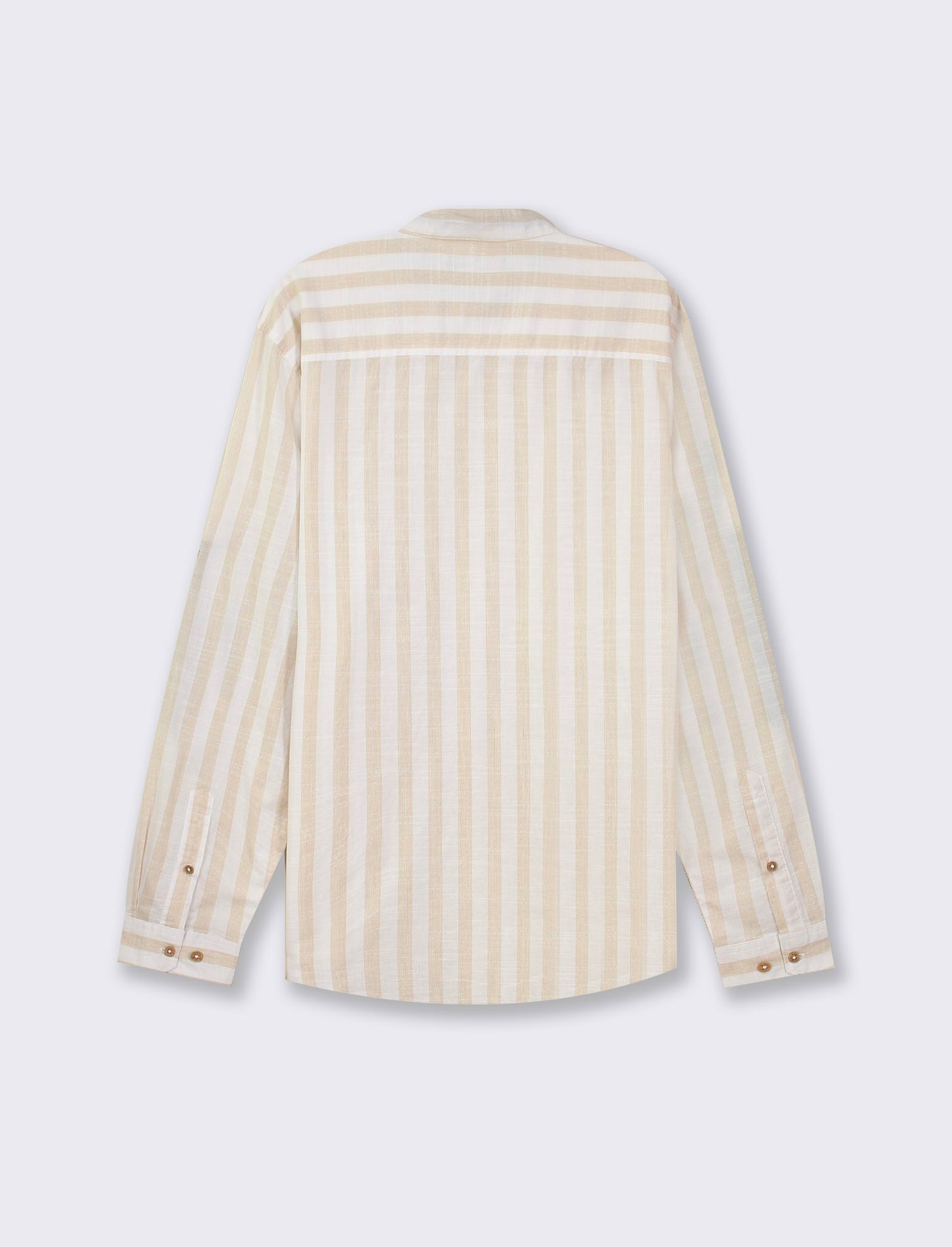 Striped Cotton Regular Fit Shirt with Korean Collar and Long Sleeves - Beige