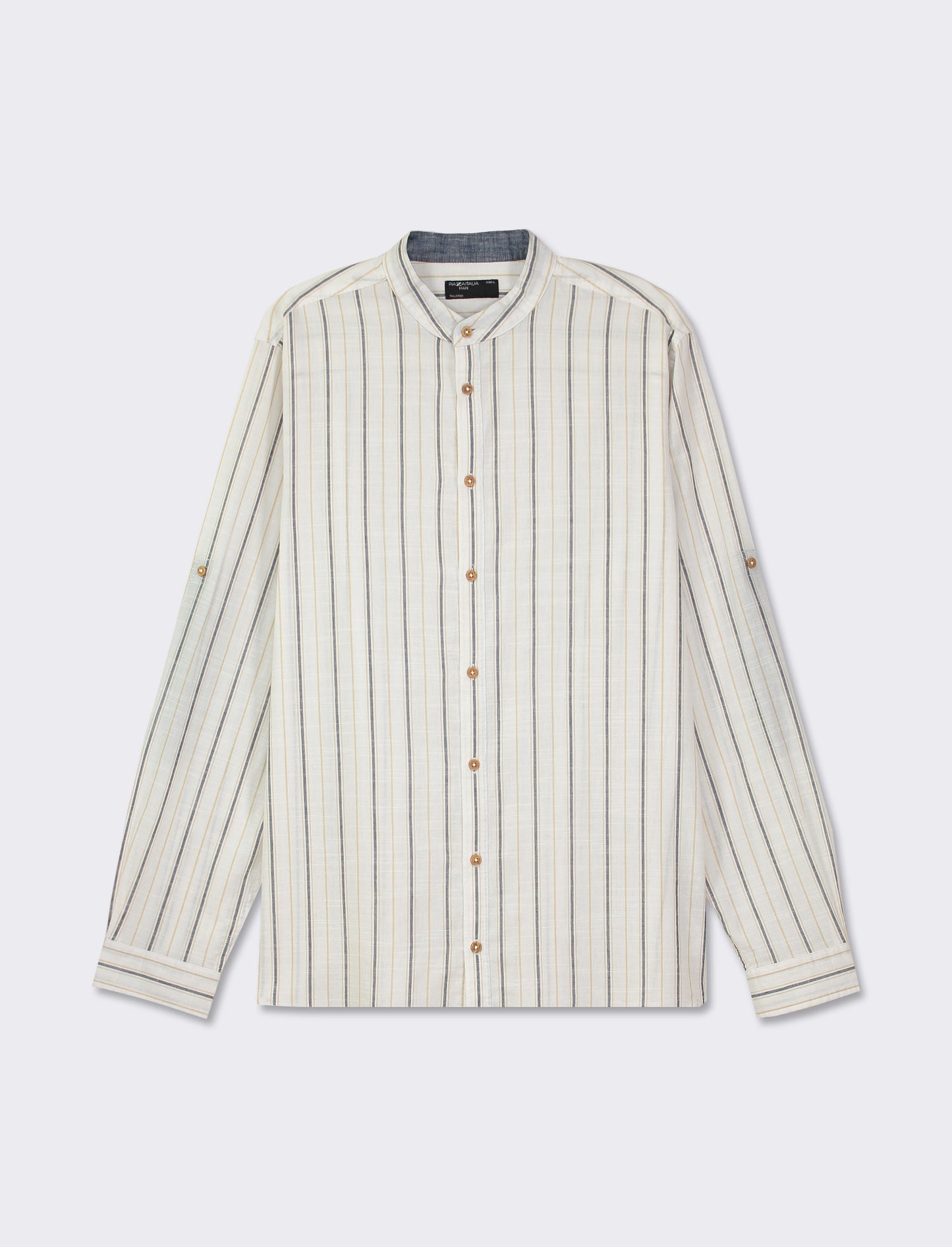 Striped Cotton Regular Fit Shirt with Korean Collar and Long Sleeves - White