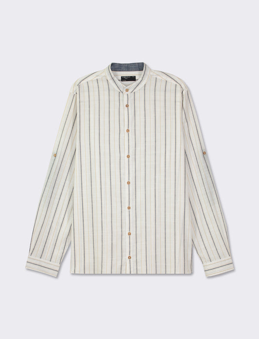 Striped Cotton Regular Fit Shirt with Korean Collar and Long Sleeves - White