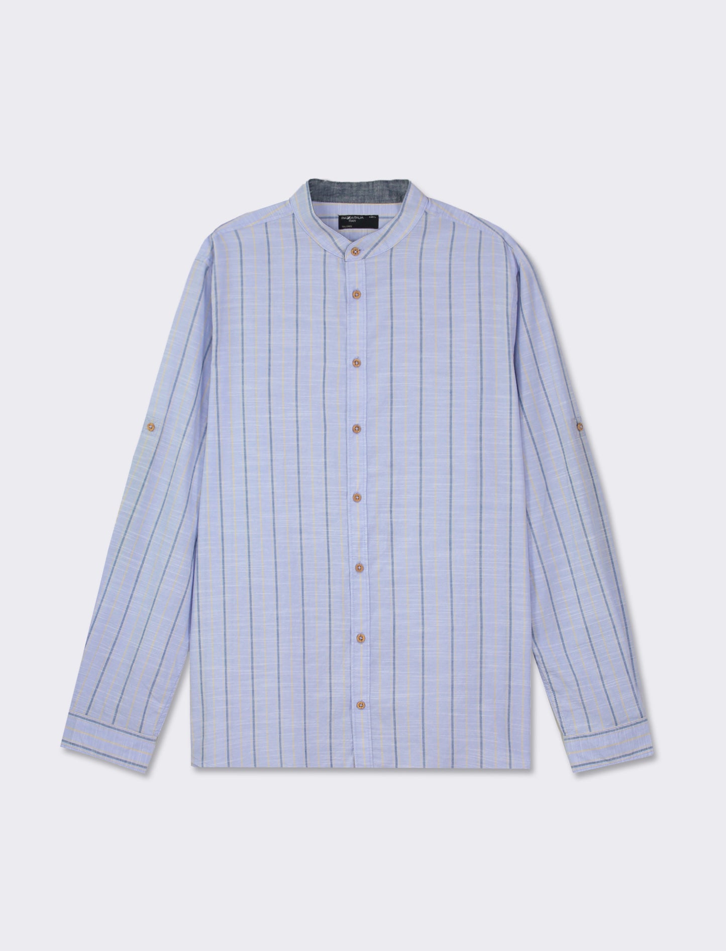 Striped Cotton Regular Fit Shirt with Korean Collar and Long Sleeves - Sky blue