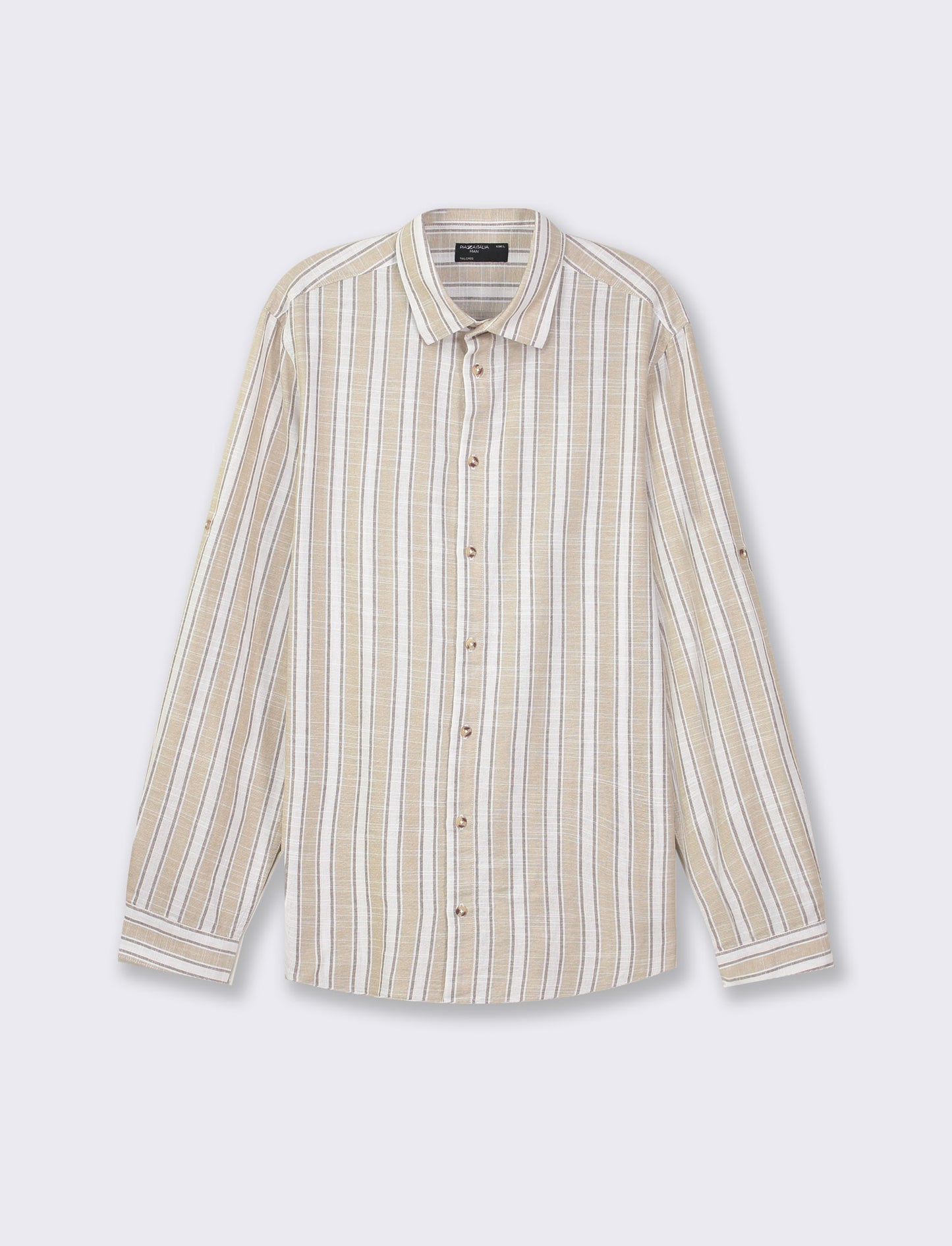 Cotton Striped Regular Fit Shirt with French Collar and Long Sleeves - Beige