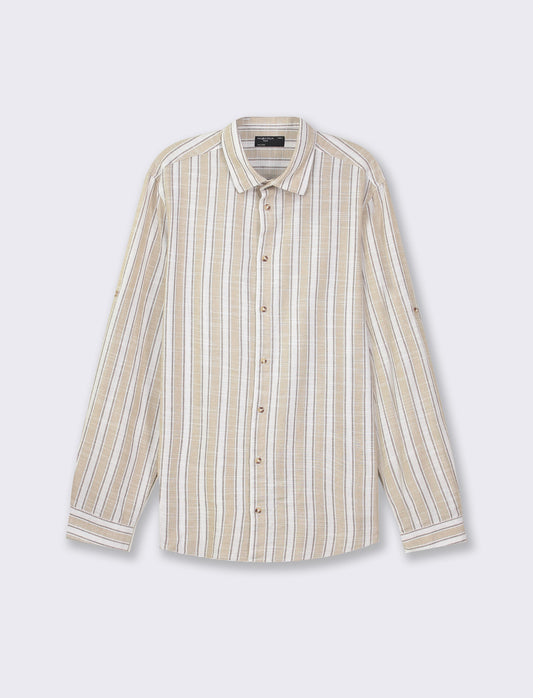 Cotton Striped Regular Fit Shirt with French Collar and Long Sleeves - Beige