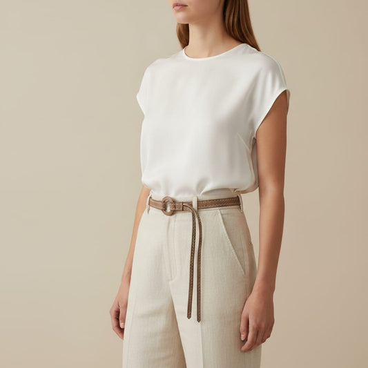 Cintura donna con fili anelli rivestita fina pelle - Beige