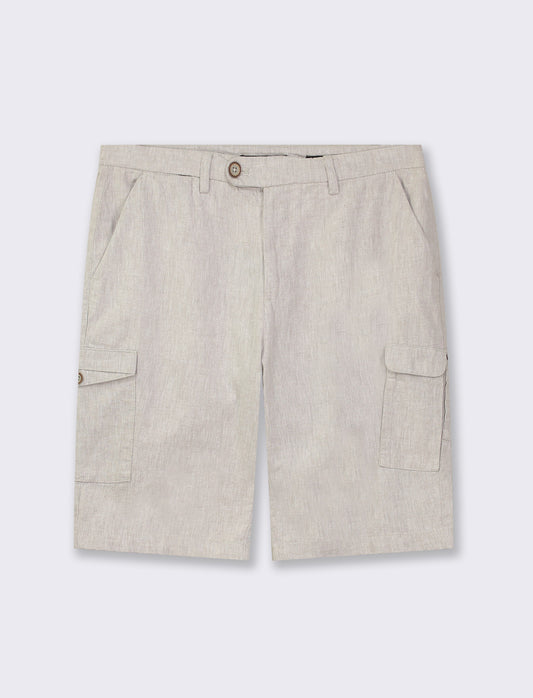 Cargo Fit Linen Blend Chino Bermuda Shorts with Zipper and Button Closure - Beige