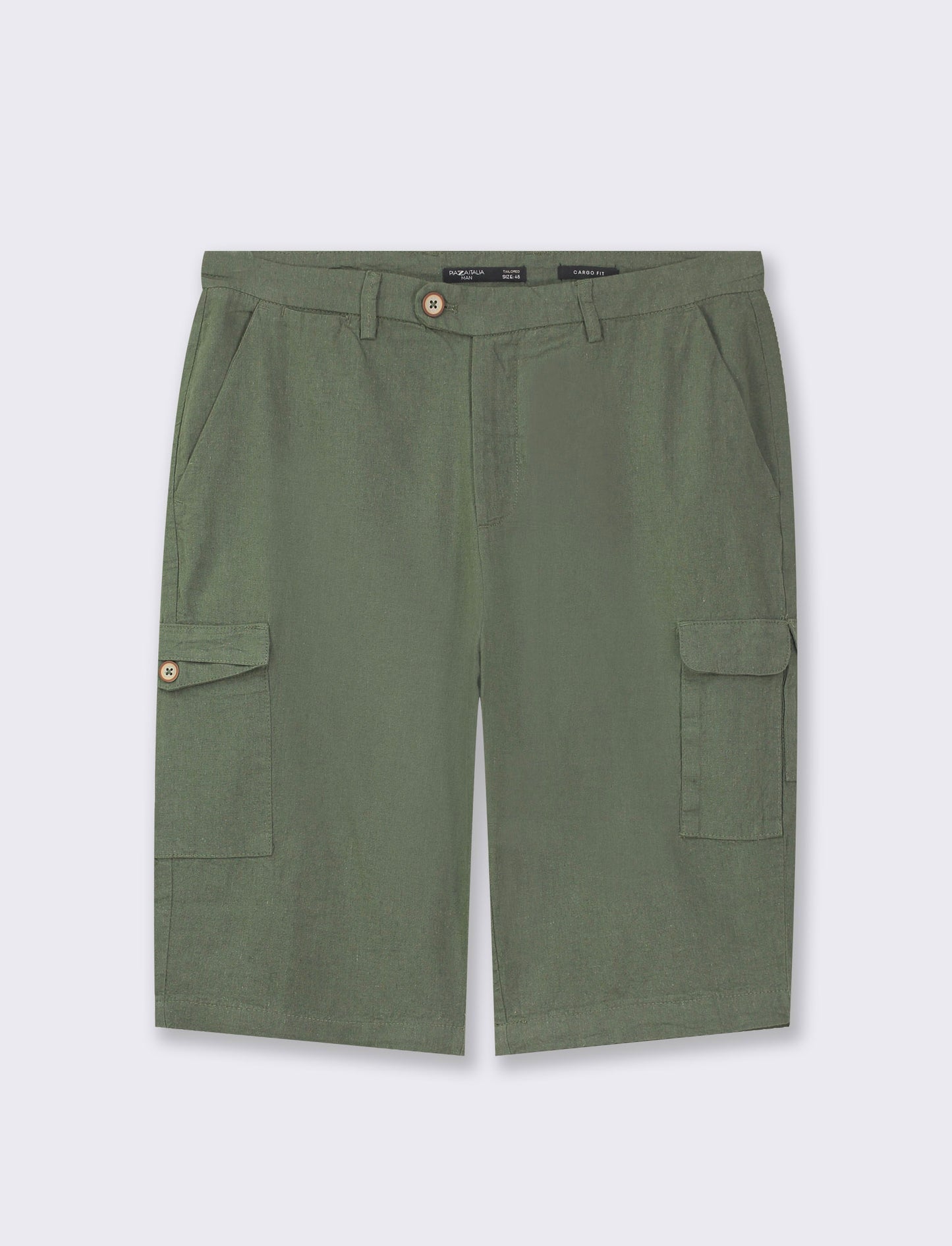 Cargo Fit Linen Blend Chino Bermuda Shorts with Zipper and Button Closure - Green