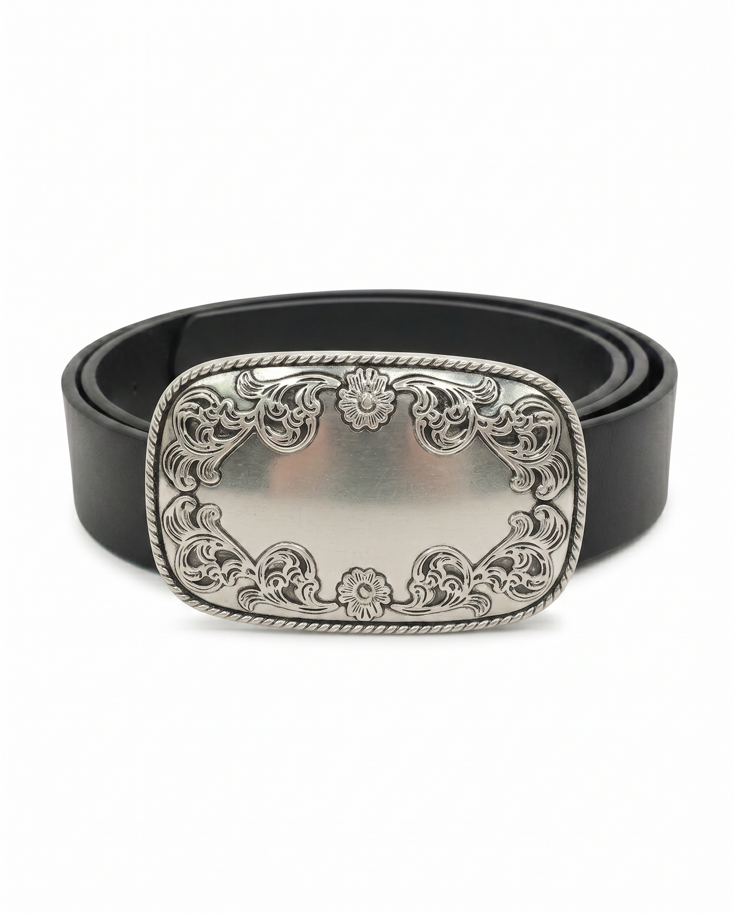 Rectangular belt with embroidered buckle - Black